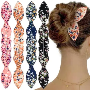 4-Piece Elastic Hair Accessories Set - Flexible Messy Bun Maker, French Twist Tool, Bunny Ears, Decorative Ties for Quick Cute Updos, Floral Print Indoor Recreation Use Fluffy Rabbit Ear