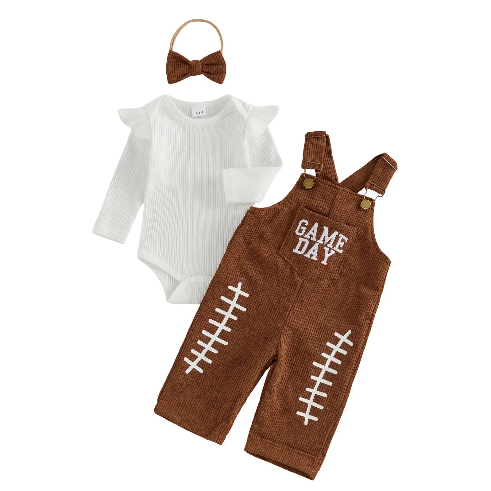 Infant Baby Girl Fall Outfits Football Long Sleeve Romper Letter Embroidery Overalls and Bow Headband 3 Pcs Set 3M-3T