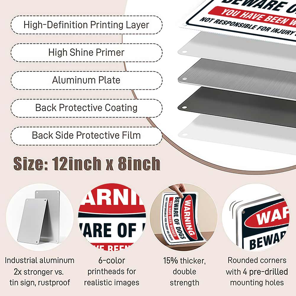 Warning Beware Of Dogs Metal Sign 12x8 In Aluminum, Vintage Dog Warning Tin Sign for Home, Yard, Fence Decor, Retro Beware Of Dogs Wall Art for Dog Owner, 12x8 Inch Aluminum Plaque