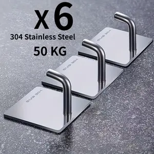 6 Pack Stainless Steel Adhesive Hooks, Heavy Duty Stick-On Wall Hooks, Multi-purpose Hanging Hooks for Kitchen, Bathroom and Indoor Wall Decoration & Daily Storage