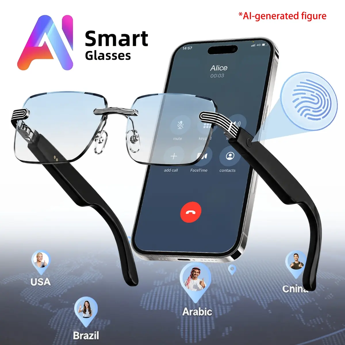 Smart Glasses, real time translation for global communication, UV Protection lens,Smart touch control, Voice assistant, bluetooth wireless music, hands free call, long working battery, for international trip business conference outdoor sport