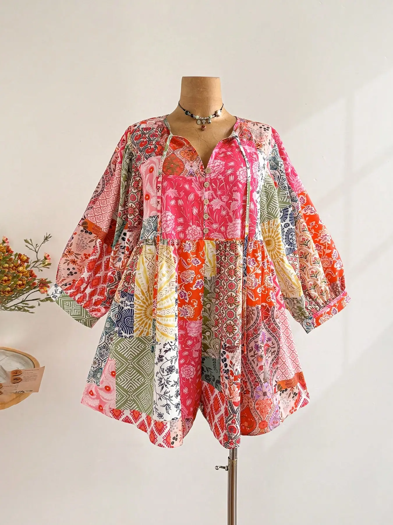Plus Size Women's Boho Bohemian Patchwork Print Romper, Summer Festival Beachwear, Floral Pattern, Casual Daily Wear, Music Festival