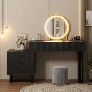 Modern Vanity Desk with Mirror and Adjustable LED Lights – 5 Drawers Makeup Organizer – Bedroom Dressing Table – 3 Lighting Modes – Contemporary Style