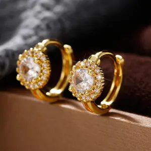 Gold-Plated Copper Micro Pave Setting Zircon Hoop Earrings, Trendy Versatile Fashion Ear Jewelry for Sports & Outdoor Enthusiasts, Copper Plated