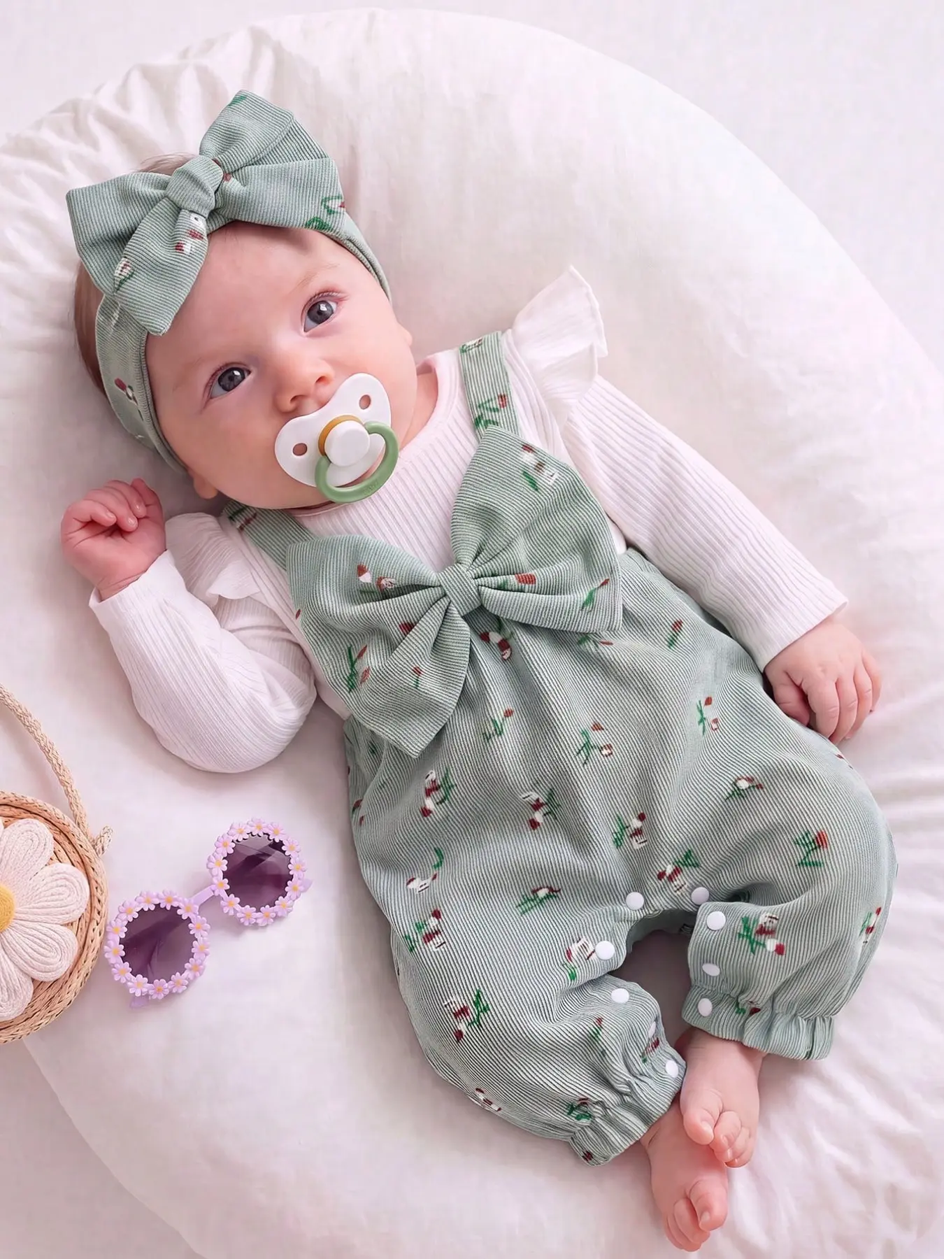 Baby Girl Spring Fall Boho Two-Piece Set, Solid Color Ruched Sleeveless Long Sleeve Patchwork Large Bow Floral Romper with Bow Hairband