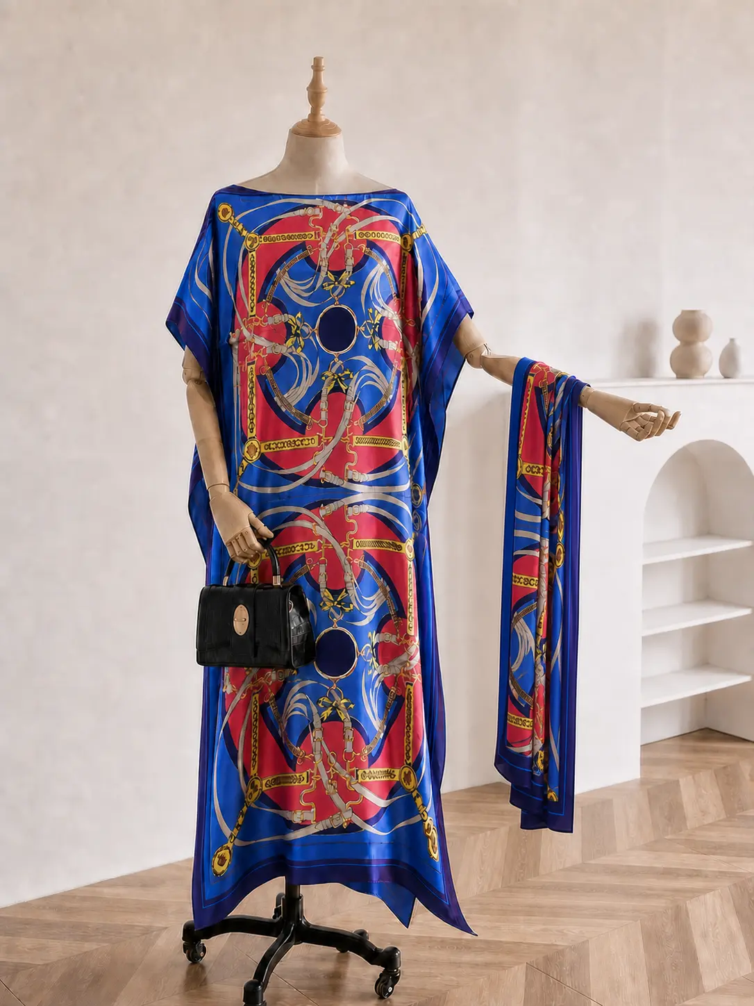 Women's Soft Statement Chain Print Caftan Dress Set - Long Robe with Matching Scarf, Comfortable Loose Fit, Elegant Drape, Resort Wear Style, Beach Cover Up, Casual