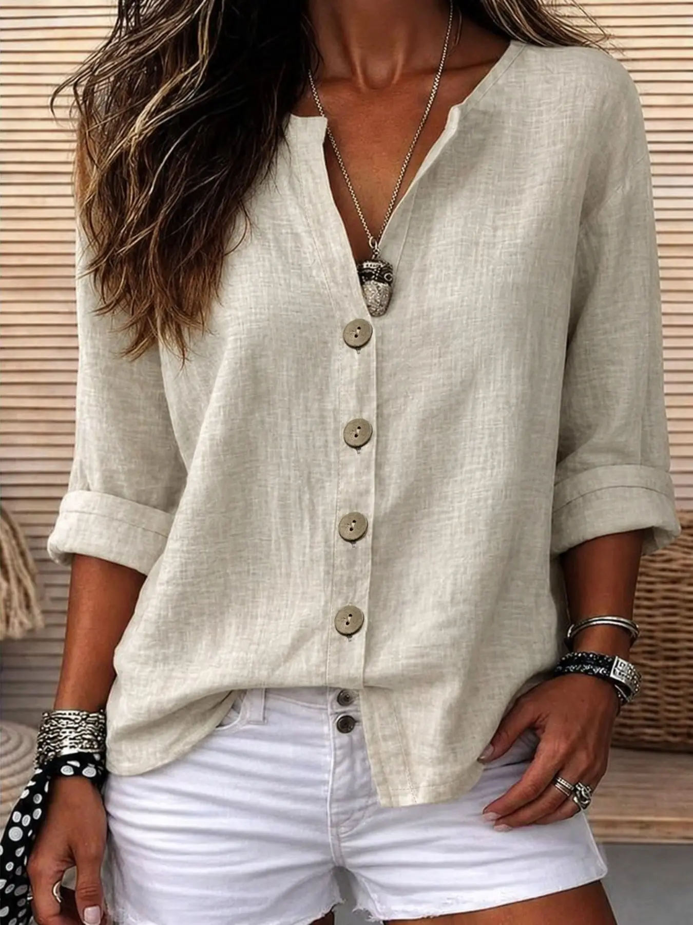 Summer Lightweight Linen Shirt, Casual Rolled Sleeve, Loose Fit Slimming, Versatile Vacation Top, Plain Color, Comfortable & Stylish, Button