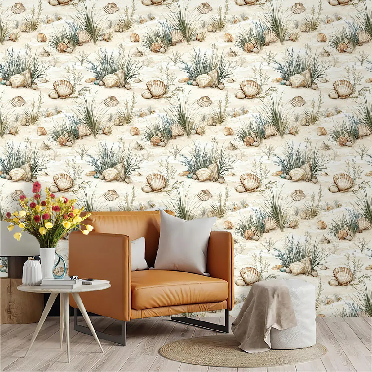 1pc Retro Ocean Seashell Seagrass Print PVC Wallpaper Wall Sticker Self-Adhesive Peel and Stick for Home Decor Old Wall Renovation Suitable for All Rooms