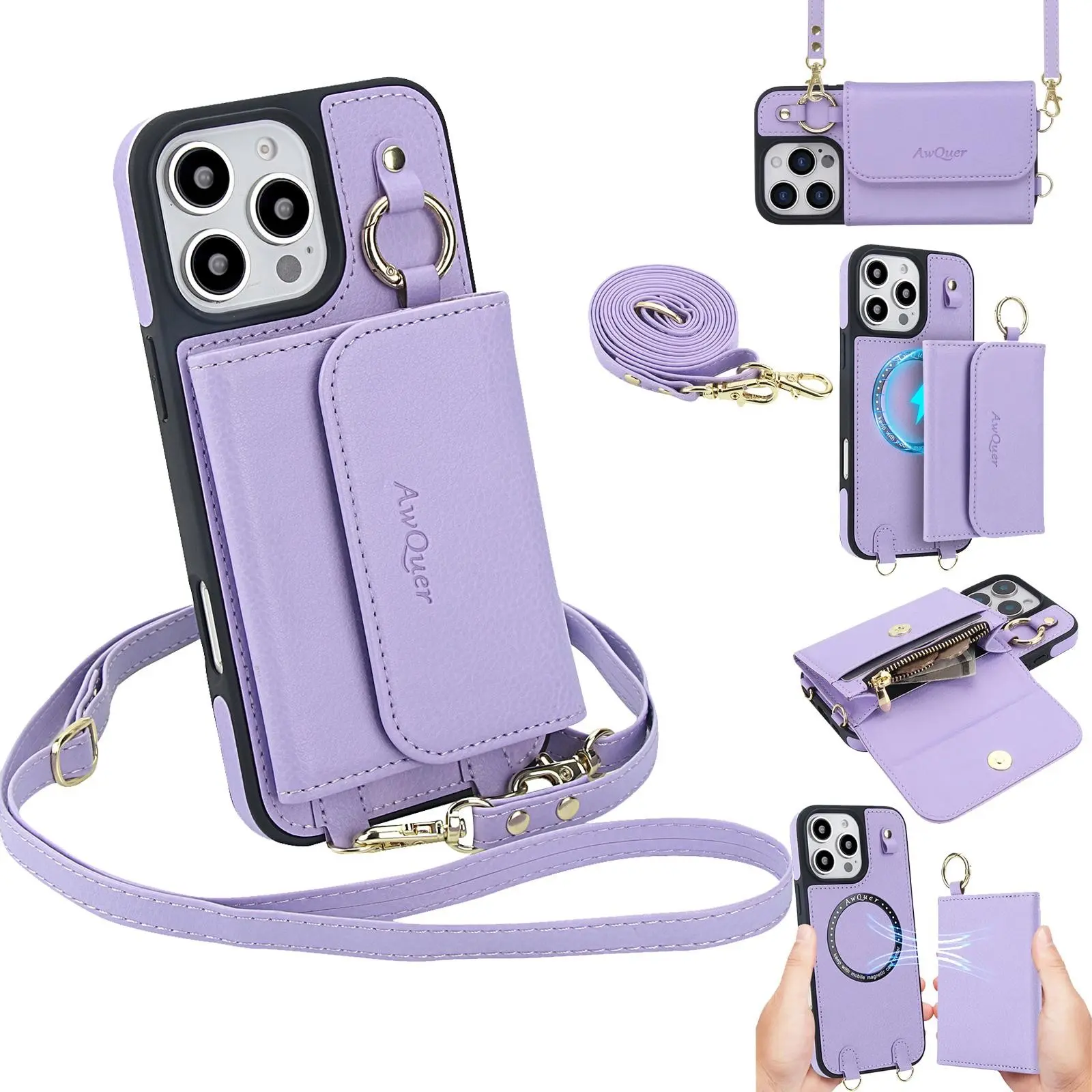 MagSafe Magnetic Wallet and Phone Case 2-in-1 with Finger Loop Design Leather Compatible with Apple/iPhone 17/16/15/14/13/12/11 Pro Max Plus Mini Card Holder + Long Shoulder Strap, Crossbody, Stylish for Women Wireless Charging Compatible Phone Cover