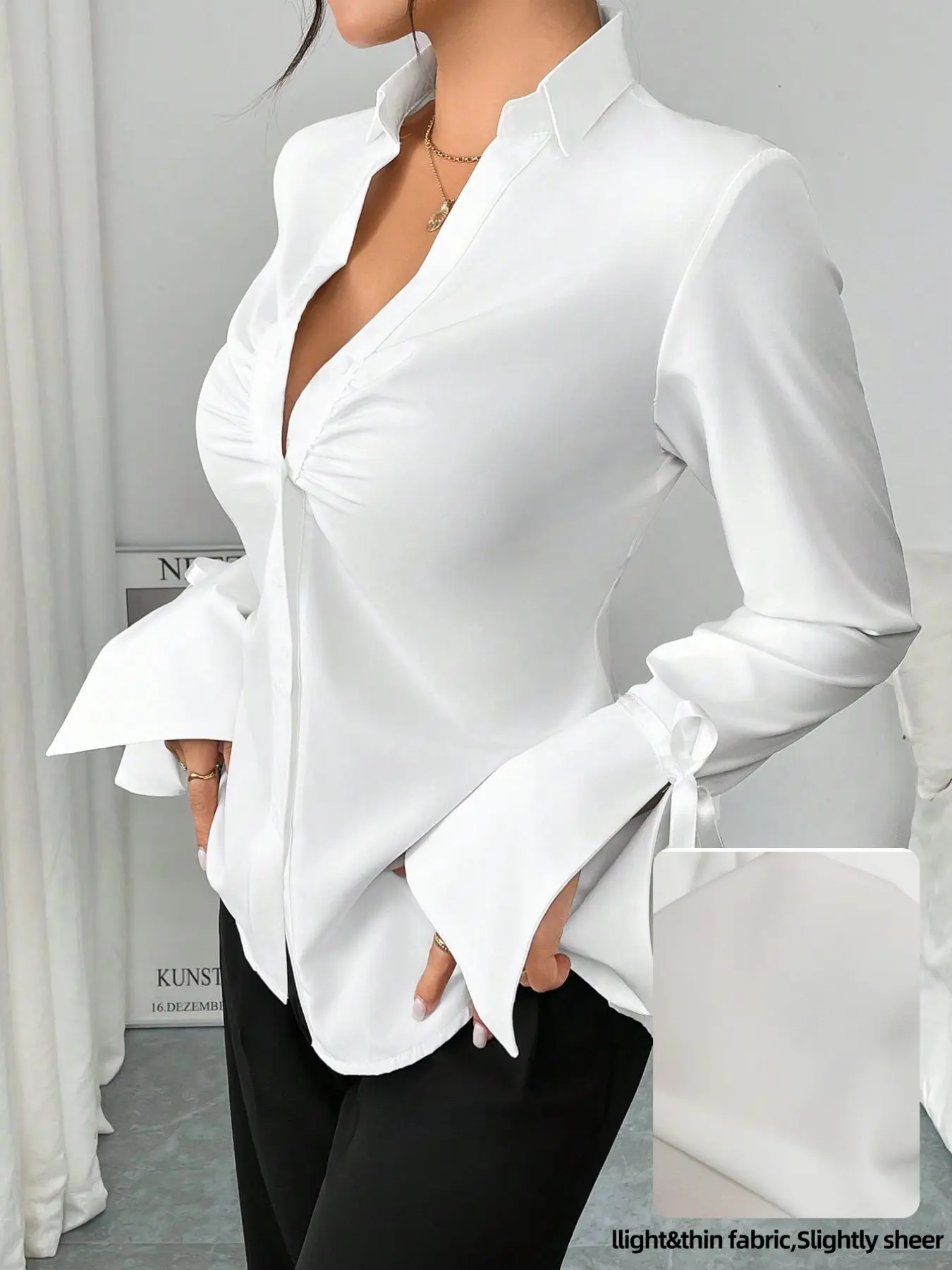 Elegant Women's Pleated Ribbon Fashion Casual Plain Blouse Shirt, Spring & Fall Bow Tie Lacing Simple Commute Top, Long Sleeve Loose Fit