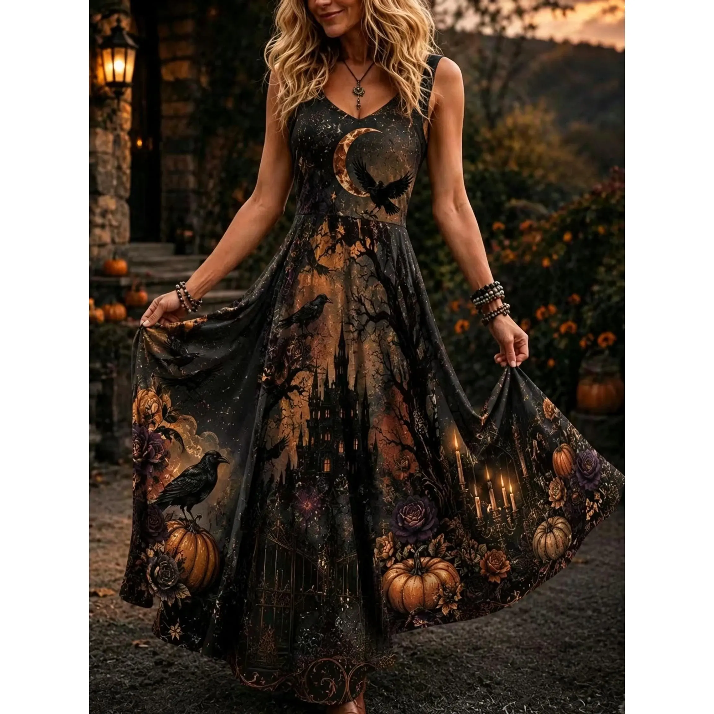 [Halloween New] 2026 New Black Bottom Retro Halloween Castle Crescent Moon Bat Pumpkin Big Floral Suspender Long Dress V-Neck Waist Swinging Witch Wind Bohemian Party Dress