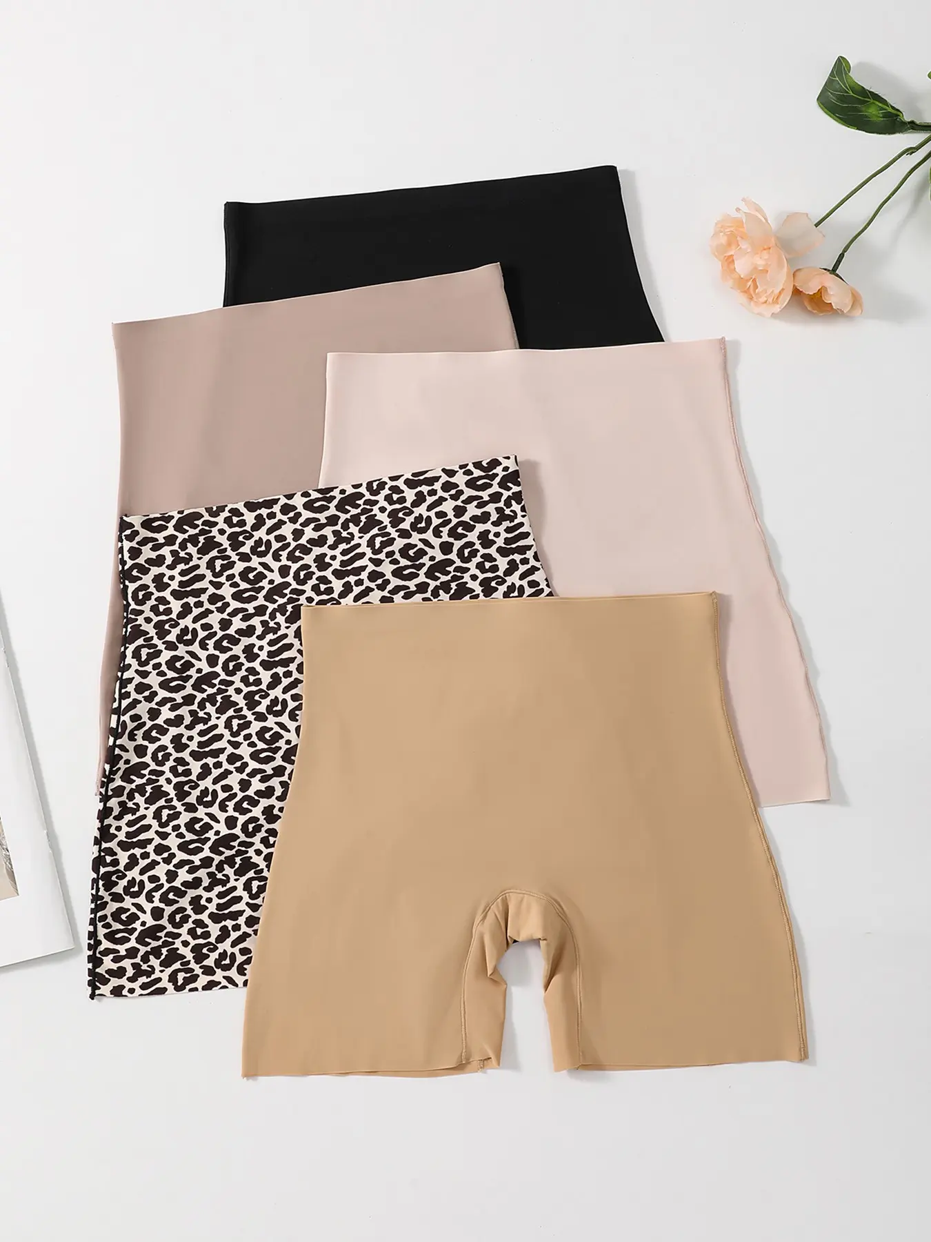 5-Pack Seamless Safety Shorts, Solid Leopard Print High-Waisted Anti-Showthrough Non-Rolled Edge Bridal Underwear, Flat Front Briefs