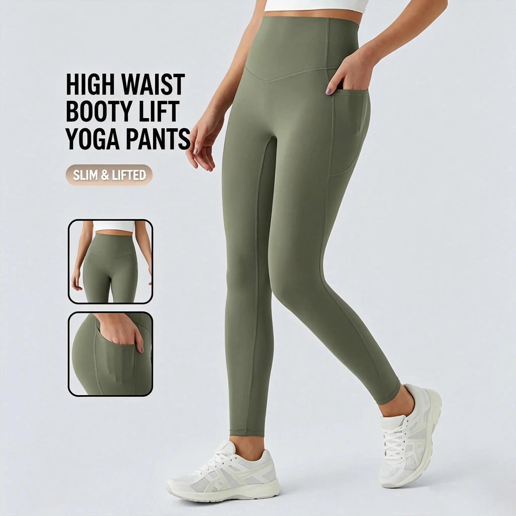 High Waisted Tummy Control Leggings with Pockets, Shaping Butt Lifting Workout Leggings, Stretch Soft Training Yoga Pants for Women