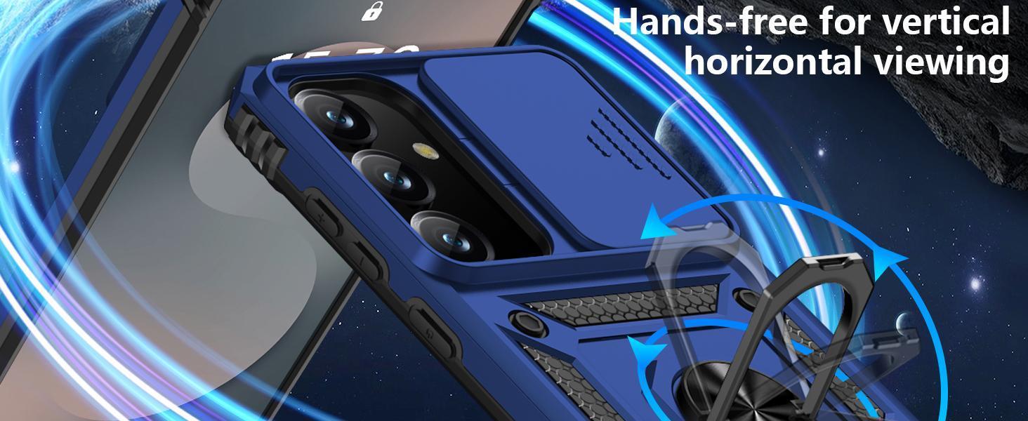for Samsung Galaxy S25 FE Case with Screen Protector & Slide Camera Lens Cover, Built-in Magnetic Ring Stand Shockproof Protective Phone Case for Samsung S25 FE Case (Blue)