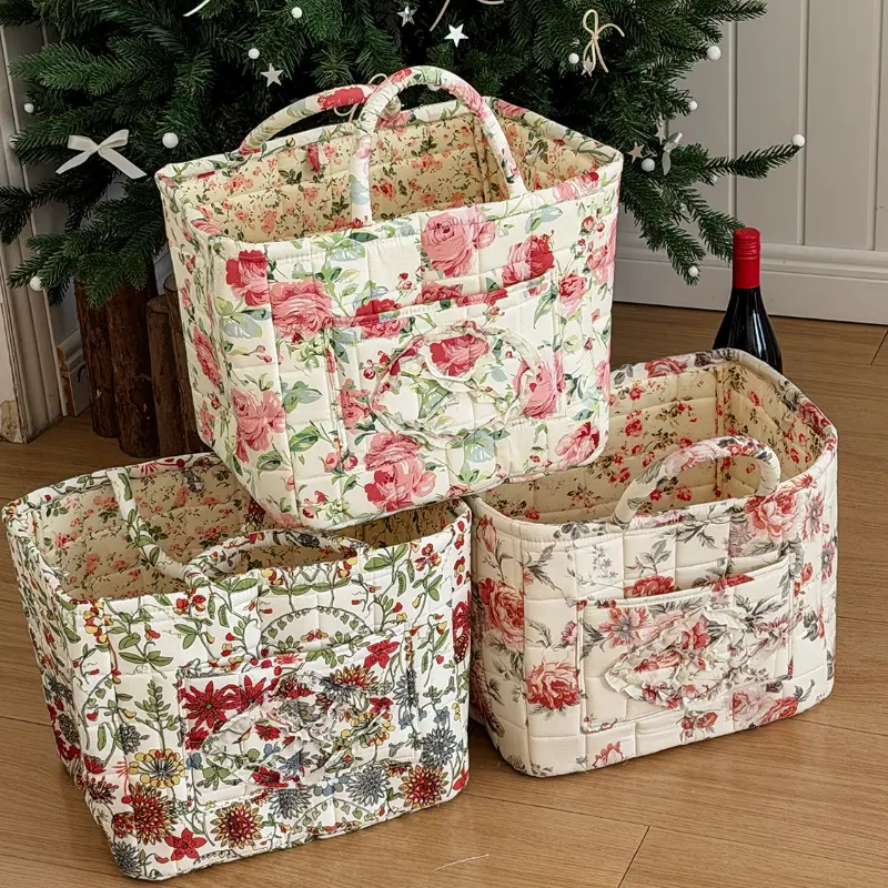 Retro Quilted Floral-Print Large Storage Organiser Basket, Portable High-Capacity Home Organiser for Camping, Hiking Hammock Gear Storage