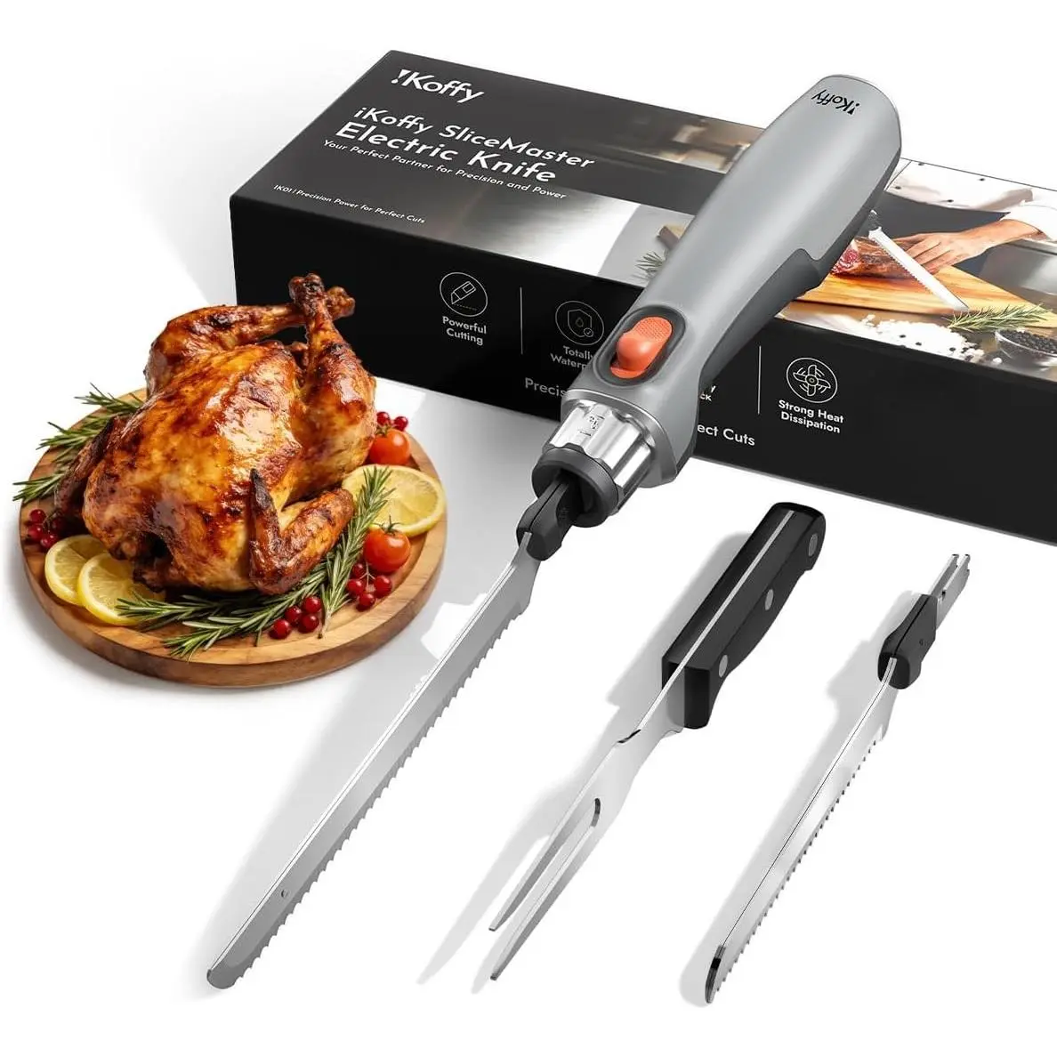 Cordless Electric Knife, 45W High-Torque Motor, 9.3" & 10.9" 420 Stainless Steel Blades, Waterproof Rechargeable Electric Carving Knife, Type-C Charge, Safety Lock, Gray