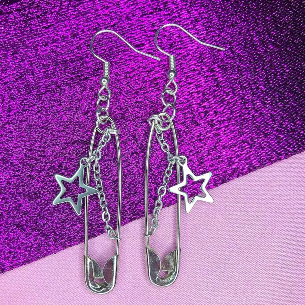 Y2K Cool Style Safety Pin & Hollow Star Dangle Earrings Punk Chain Detail Drop Earrings for Women E-girl Streetwear