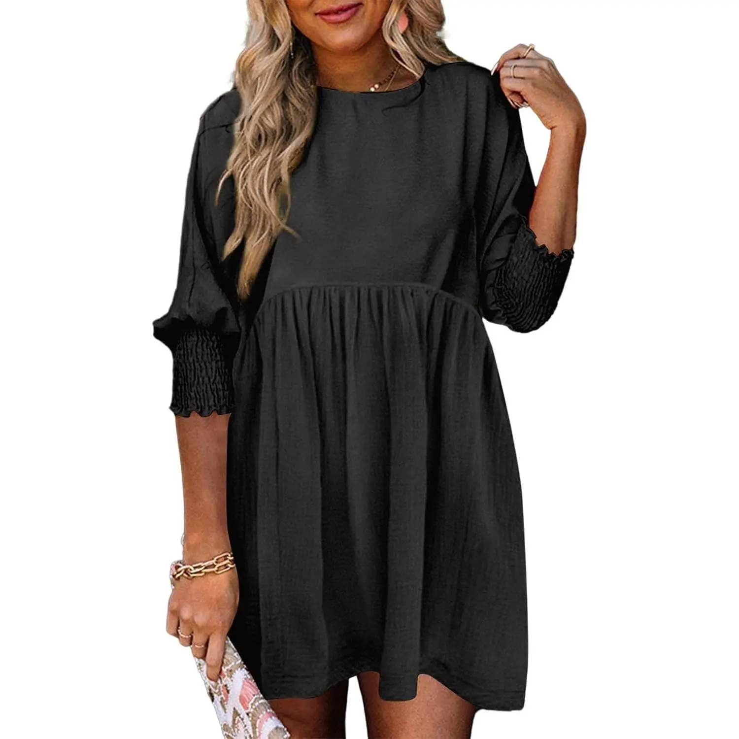 Women's Empire Waist 3/4 Sleeve Casual Babydoll Mini Dress Knee Length Country Western Short Dress for Fall Party Church Baby Shower Wedding Guest Office Work Teacher Outfit