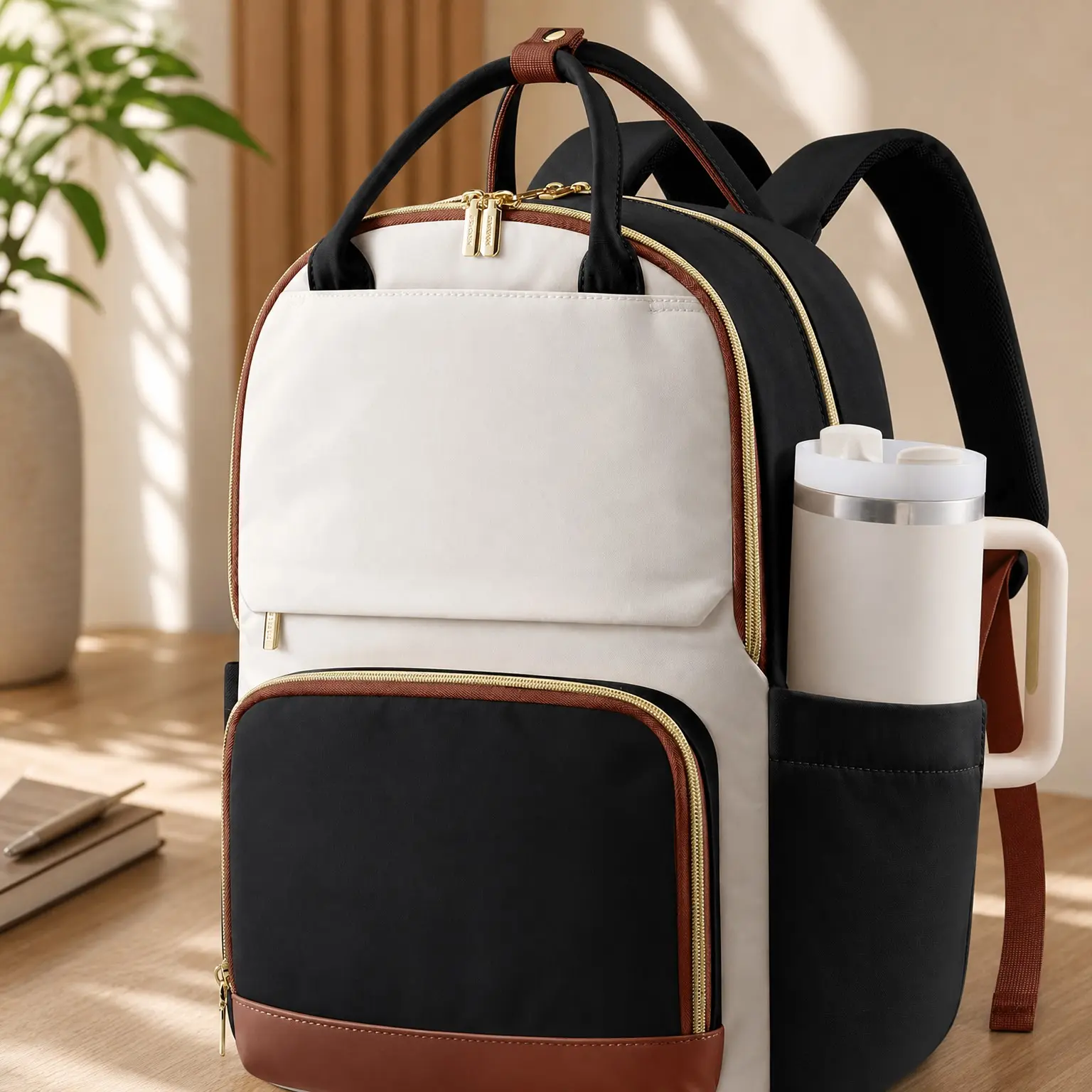 Women's Laptop Backpack with Giant Tumbler Holder Pocket, 15.6 Inch Travel Work Backpack Purse for Teacher Nurse, Waterproof College Book Bag Cute Casual Daypack, Beige-Black-BrownGift