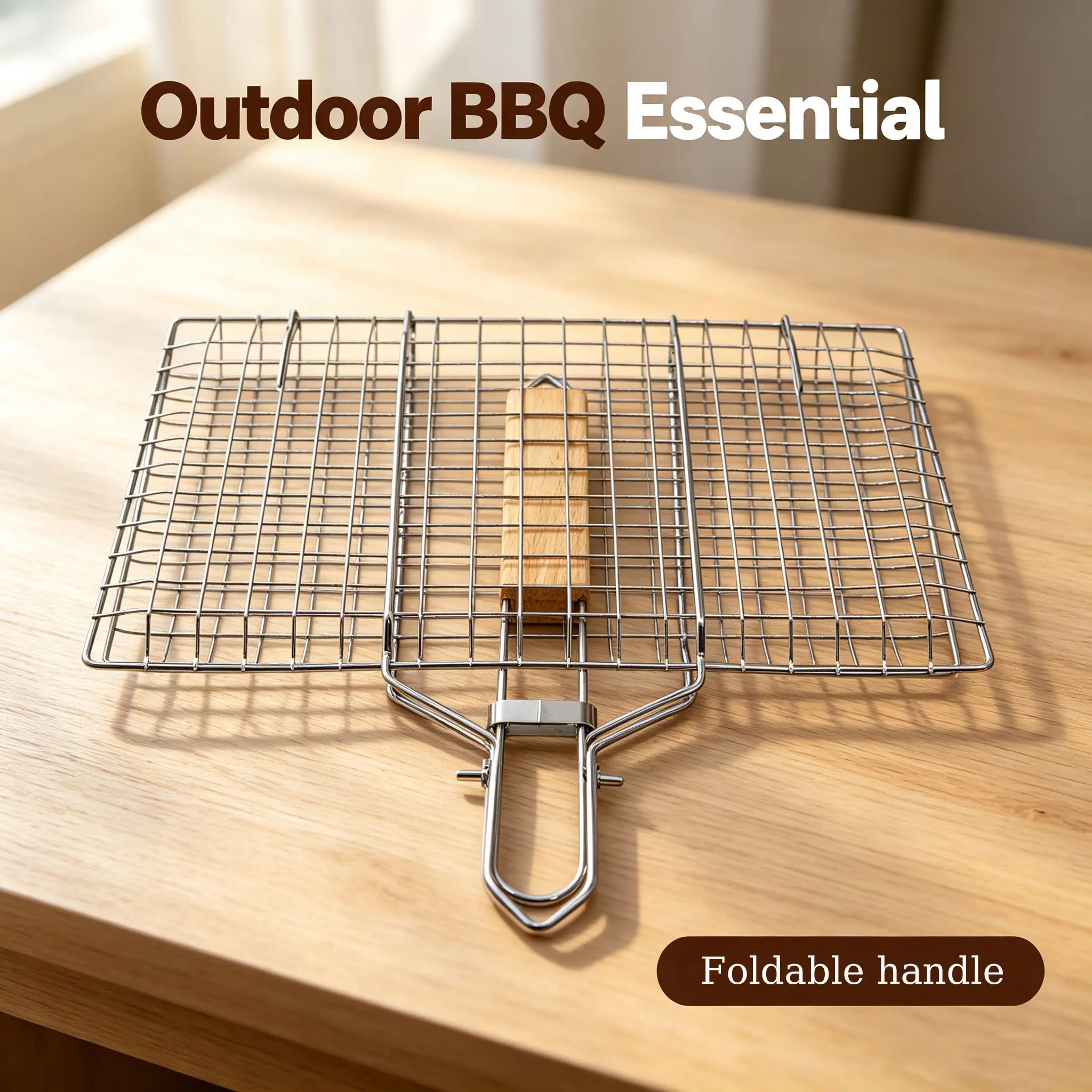 Foldable Wooden Handle Grill Basket, Ideal for Grilling Fish, Steak, Shrimp, Meat Skewers, Fruits, Vegetables, Outdoor Camping, Picnic, Patio BBQ, Barbecue Utensils
