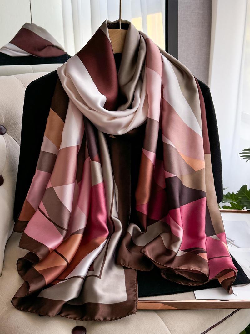 Women's Geometric Print Silk Scarf, Boho Style Scarf, Fashionable Soft Comfortable Shawl for Daily Wear, Casual Versatile Scarf for Women