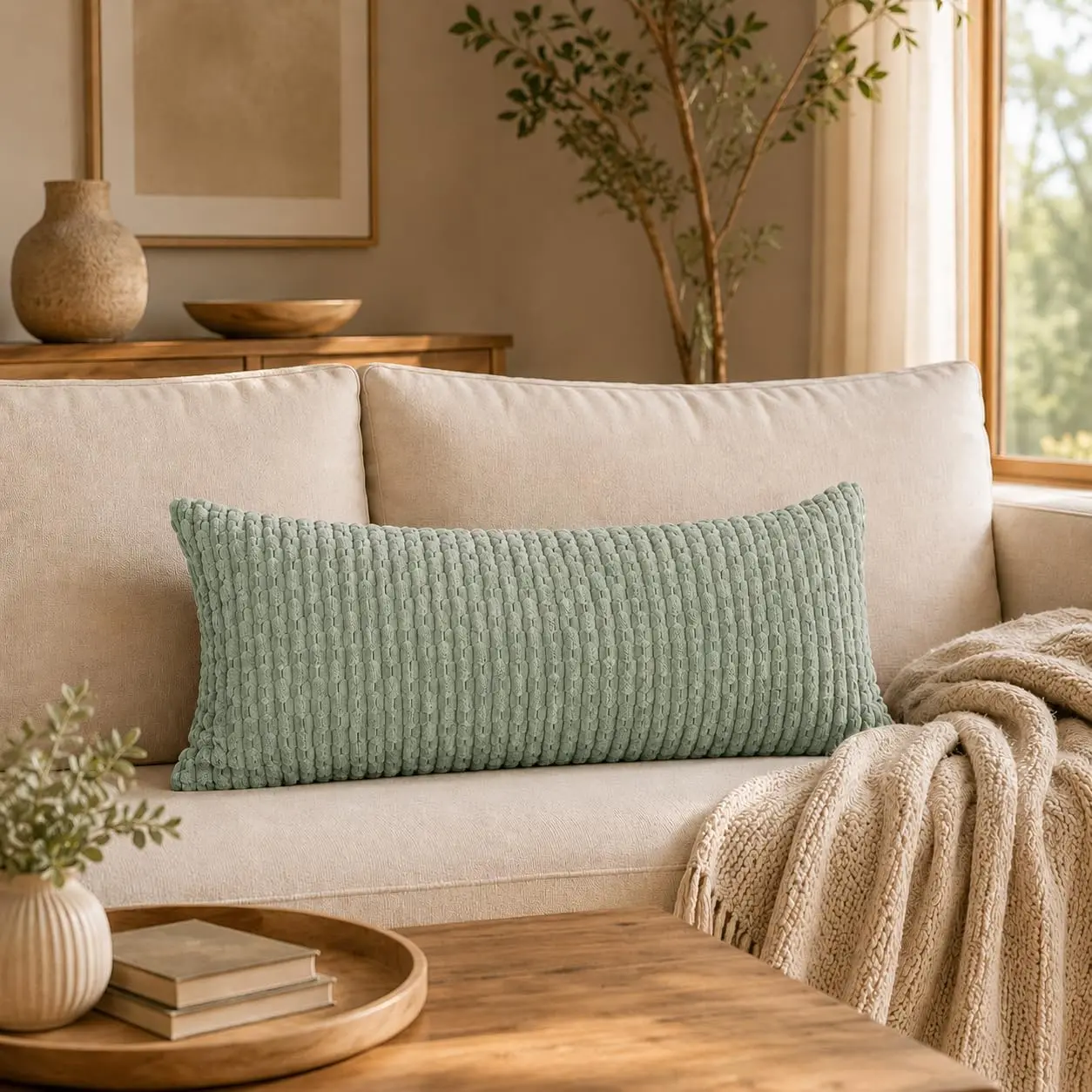 Corduroy Striped  Pillow Cover 14x26 Seafoam Green | Boho Striped Textured Soft Cozy Throw Pillowcase Cushion Cover for Sofa Bed Living Room Decor, Pack of 1