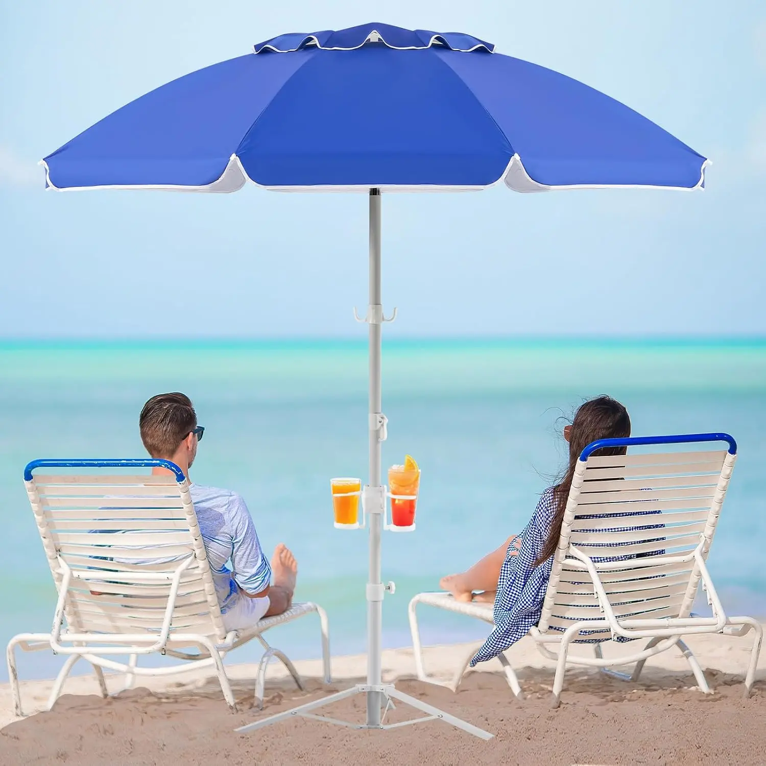 Portable Umbrella with Stand, 6.5ft Sun Shade Umbrella with Stand, Lightweight Adjustable Standing with Sand Anchor and Carry Bag,  Sun Protection, Easy to Carry, Blue