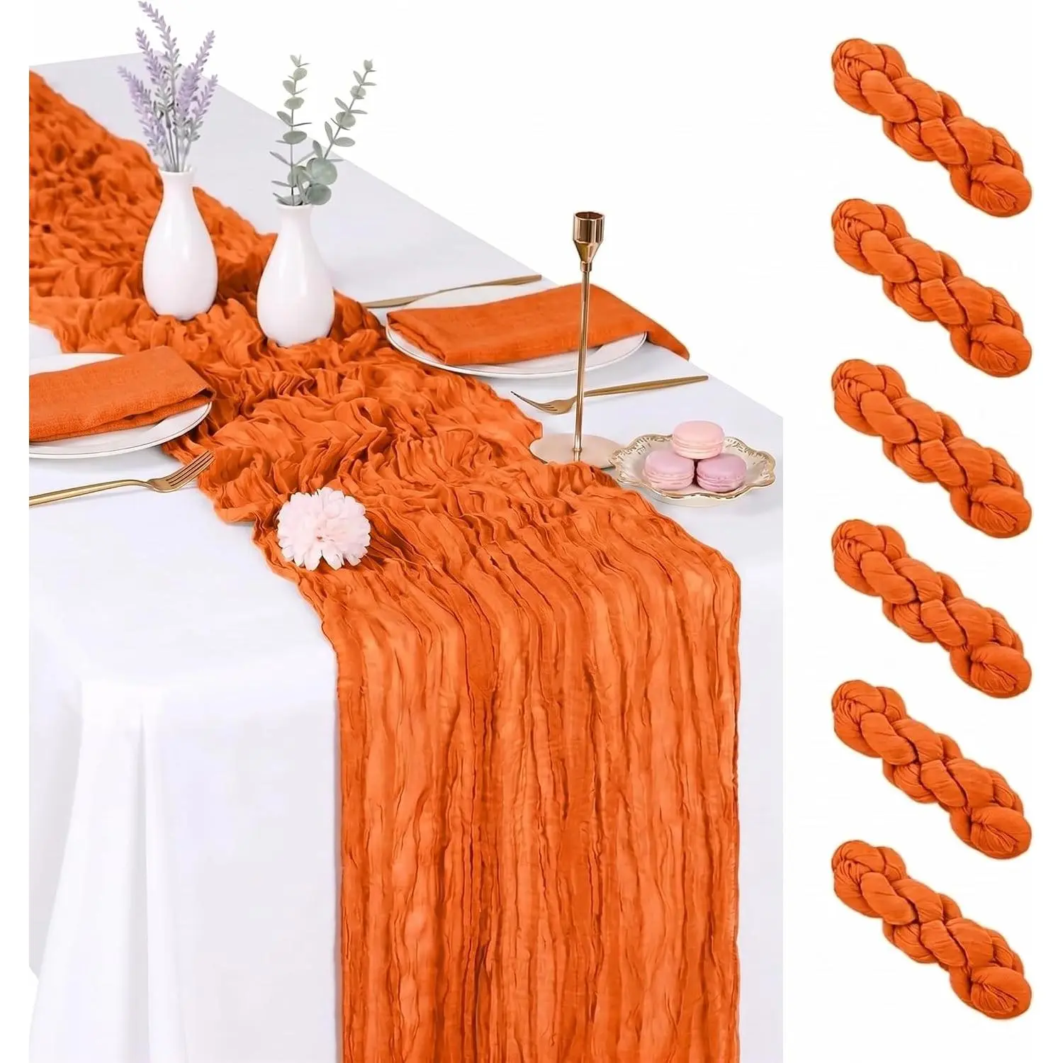 6 Pack Orange Cheesecloth Table Runner 17x108 Inch Boho Rustic Semi Sheer Gauze Cheese Cloth Table Runner for Wedding Bridal Shower Baby Shower Party Farmhouse Dining Table Decor