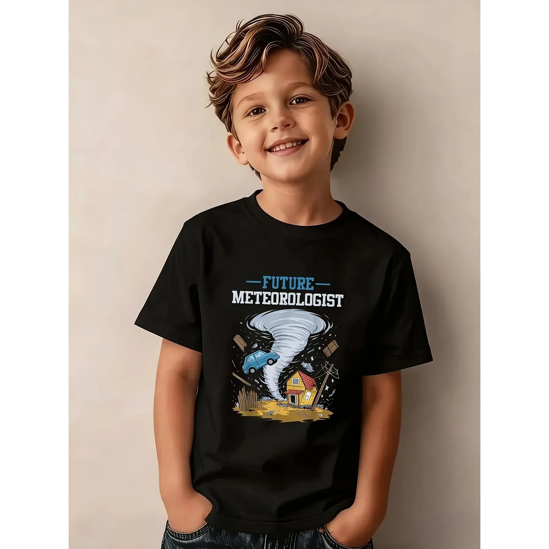 Future Meteorologist Tornado And Weather Pattern T-Shirt - Black Short Sleeve Top with Tornado, Chaser RV, And Tornado Scale Design - Boys Girls Casual Wear And STEM Learning Outfit (Machine Washable) - Retro Style Round Neck Fun(3Y-13Y)