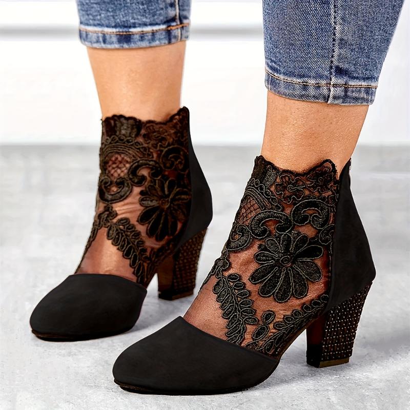 Elegant Black Lace Ankle Boots with Floral Patterns - Comfortable Chunky Heel, Back Zip Closure, Round Toe Design, Breathable Fabric Upper & TPR Sole for Stylish Women Girl Footwear Walking Shoes Decor