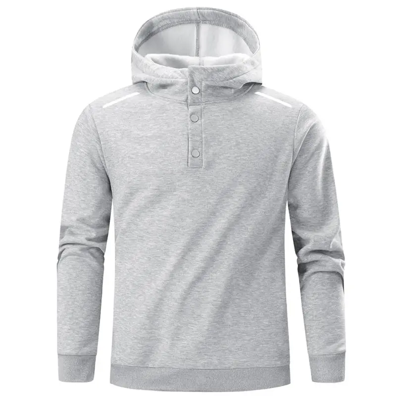 Mens Fleece Lined Hooded Sweatshirt, Henley 3‑Button Collar Pullover Hoodie, Long Sleeve Casual Hoodie with Shoulder Reflective Tape for Sports & Daily Outfits