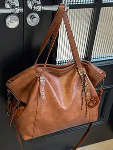 Business style fashion solid color versatile tote bag with alkaline water pendant design, large capacity and relaxed feeling, simple and atmospheric one shoulder handbag, suitable for daily commuting and outdoor shopping