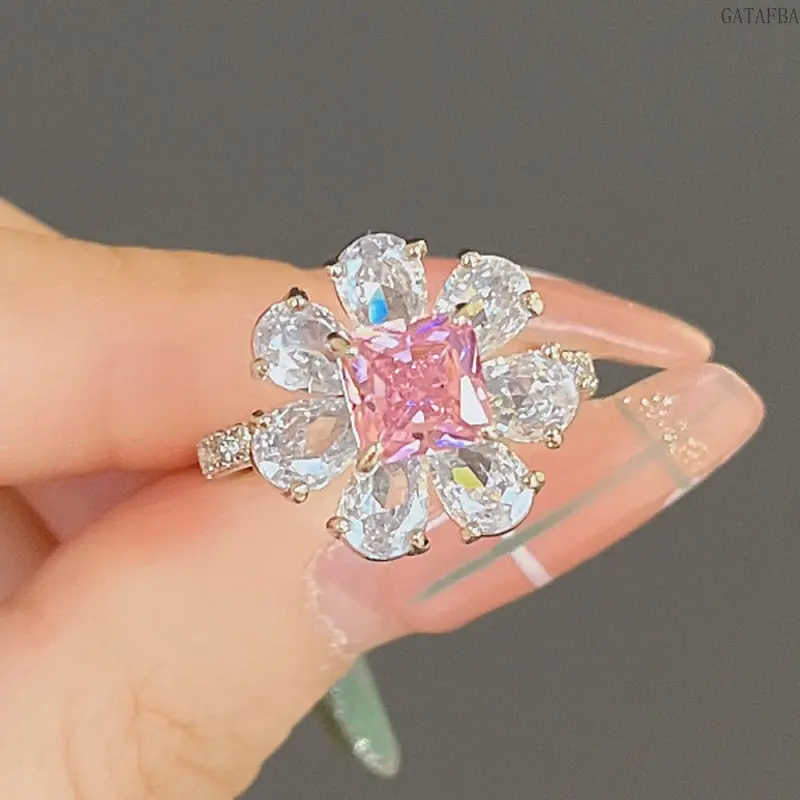 Live Stream Floral Ring Sweet Pink Zircon Flower Band Romantic Valentine Proposal Hand Jewelry