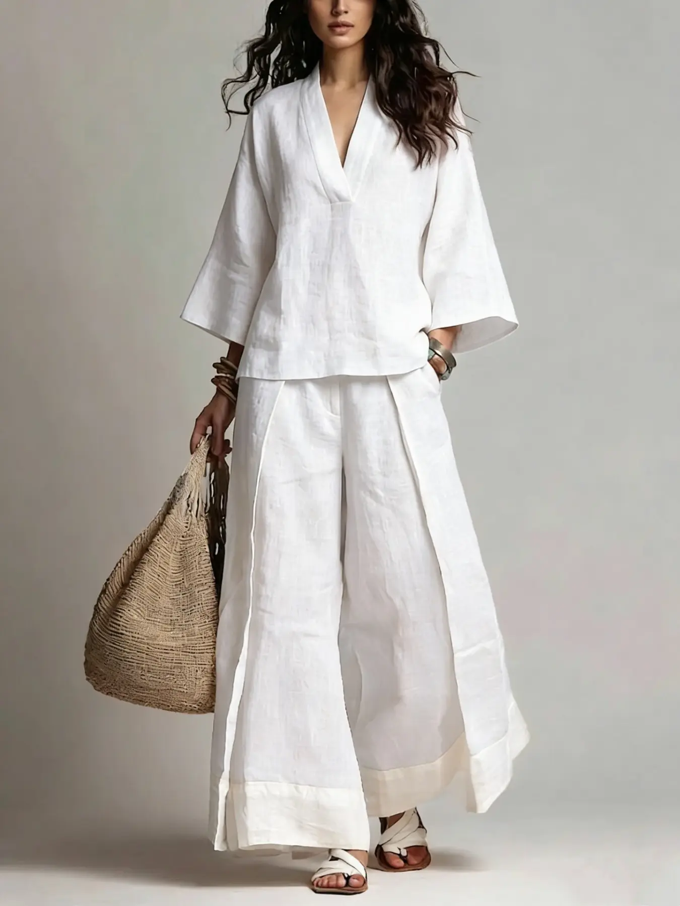 【XX72 Exclusive】 2026 SpringFall French Bohemian V-Neck Linen-Look Shirt Set | 3/4 Sleeve Blouse & Wide Leg Pants Two-Piece Outfit