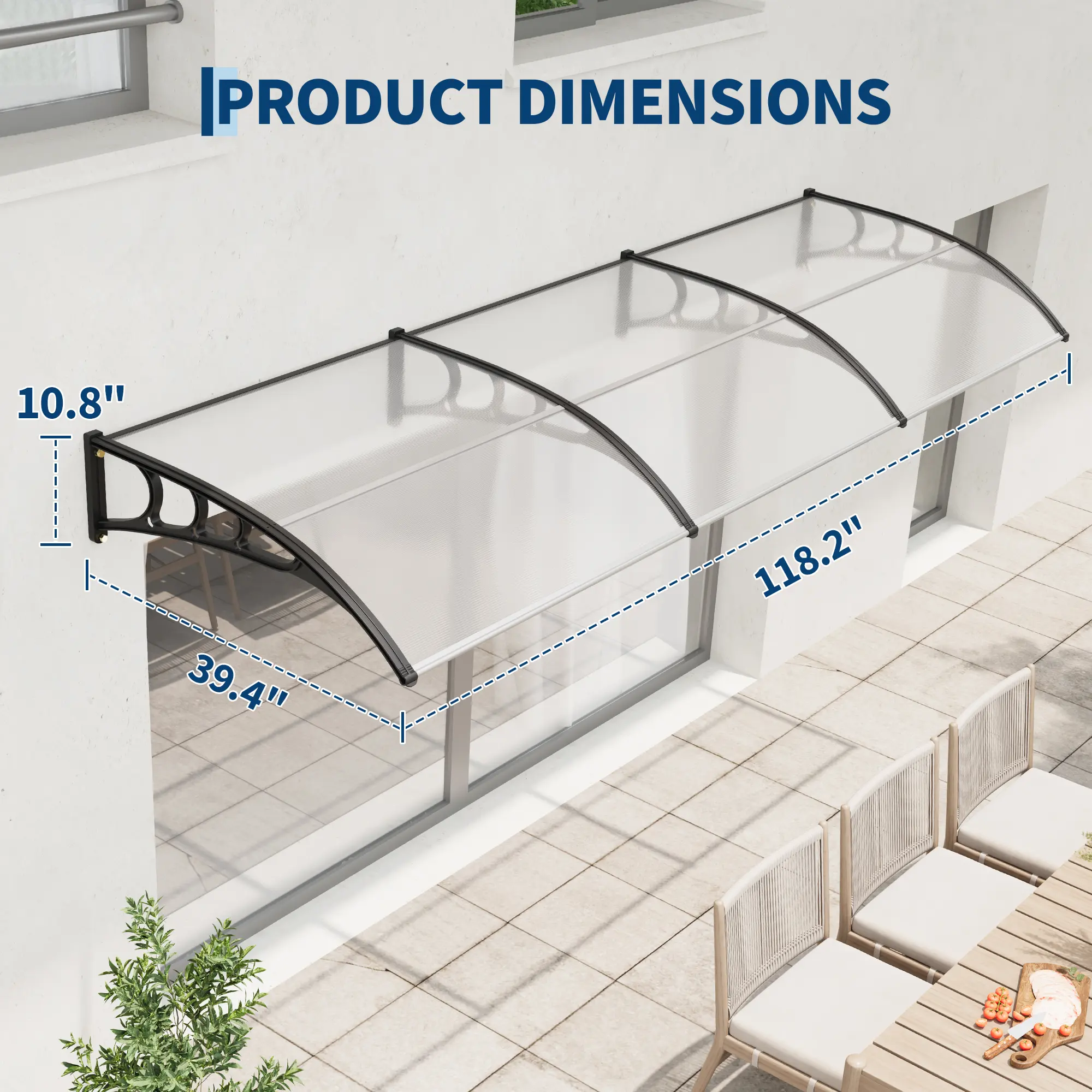 40" x 120" Clear Polycarbonate Door Awning Canopy, Weather-Resistant Porch Cover with Steel Bracket for Front Door, Entryway & Window Protection