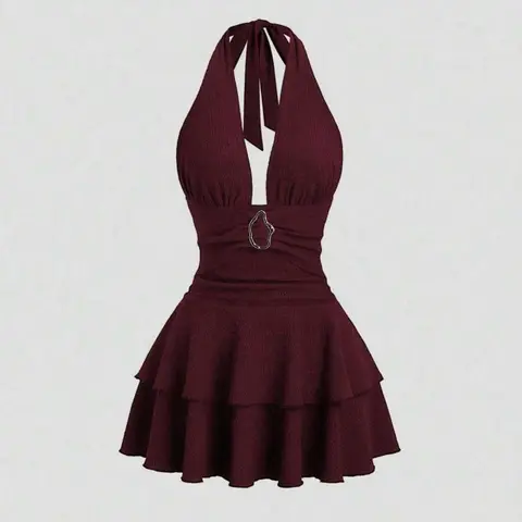 Elegant Metal Buckle, Sleeveless Halter V-Neck Design for Women, Evening Cocktail Dress, Ideal for Special Occasions