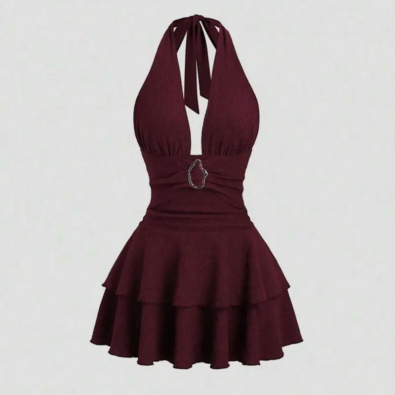 Elegant Metal Buckle, Sleeveless Halter V-Neck Design for Women, Evening Cocktail Dress, Ideal for Special Occasions