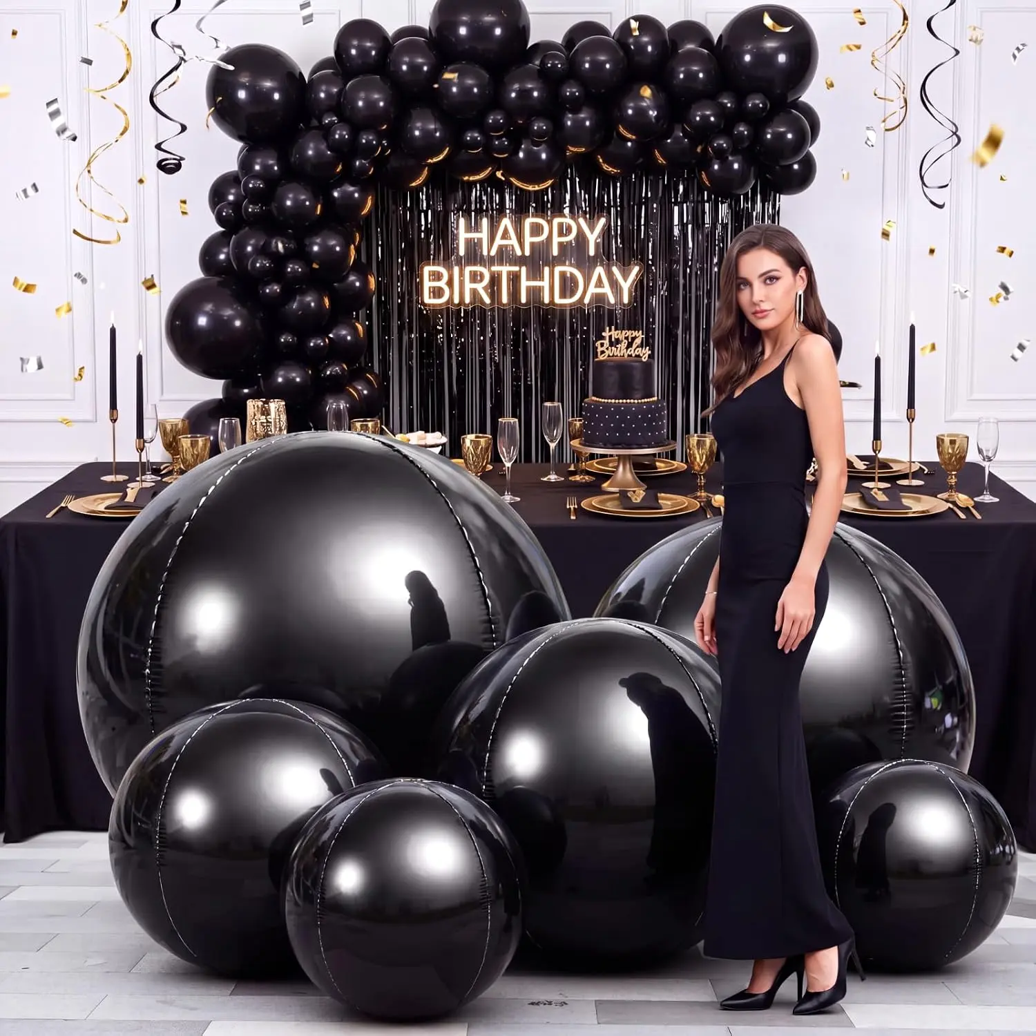 6 Pcs Large Metallic Foil Mirror Balloons, 70" 60" 50" 32" 22" 15" 10" Big Jumbo Giant Disco Inflatable Mirror Ball for Birthday Wedding Baby Shower Party Decoration Supplies (Black)