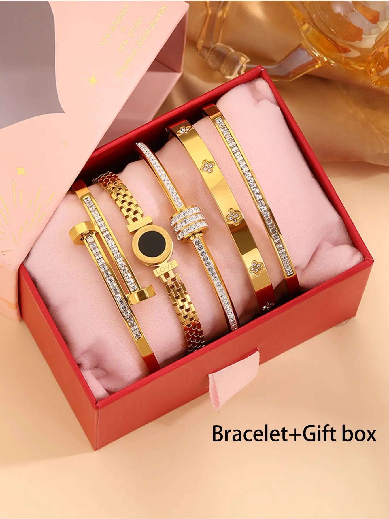 5-Piece Unisex 304 Stainless Steel Stackable Bracelet Set with Gift Box, Ideal Christmas & Birthday Gift