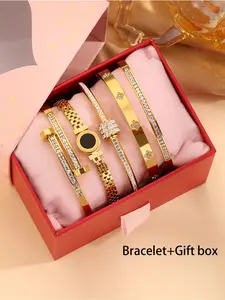 5-piece Set Of Unisex's 304 Stainless Steel Bracelets with Gift Box, Christmas Gift, Birthday Gift Box, Stackable Bracelets, Stacked Design Bracelets, Bracelet Sets