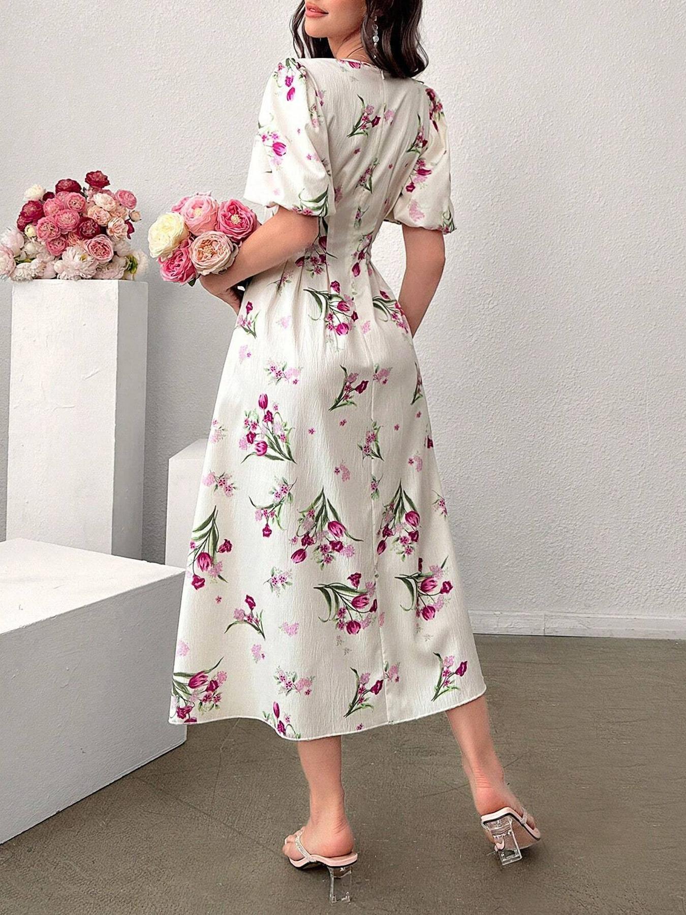 Women's Floral Print Puff Sleeve Dress, Elegant Short Sleeve A Line Dress for Party Holiday Wedding Guest, Ladies Clothes for All Seasons, Womenswear, Shortsleeve, Formal Dresses Women, Wedding Gown