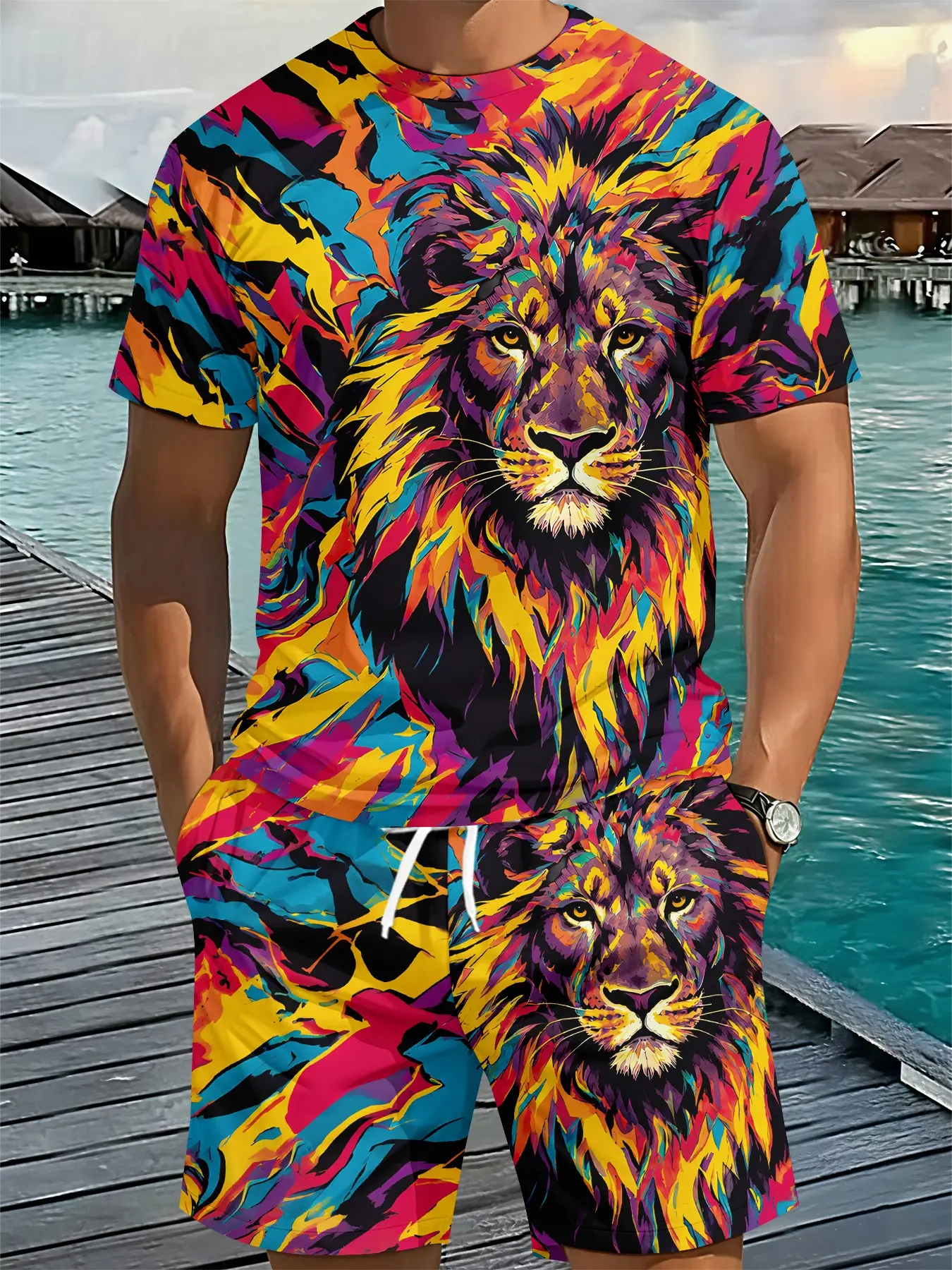 Two-piece set with all-over trendy street print of colorful fluid ink-wash lion portrait via 3D digital printing, 2Pcs, fashionable trendy suit, trendy vintage casual two-piece outfit, trendy vacation-style wear, breathable sport casual style, an ideal ho