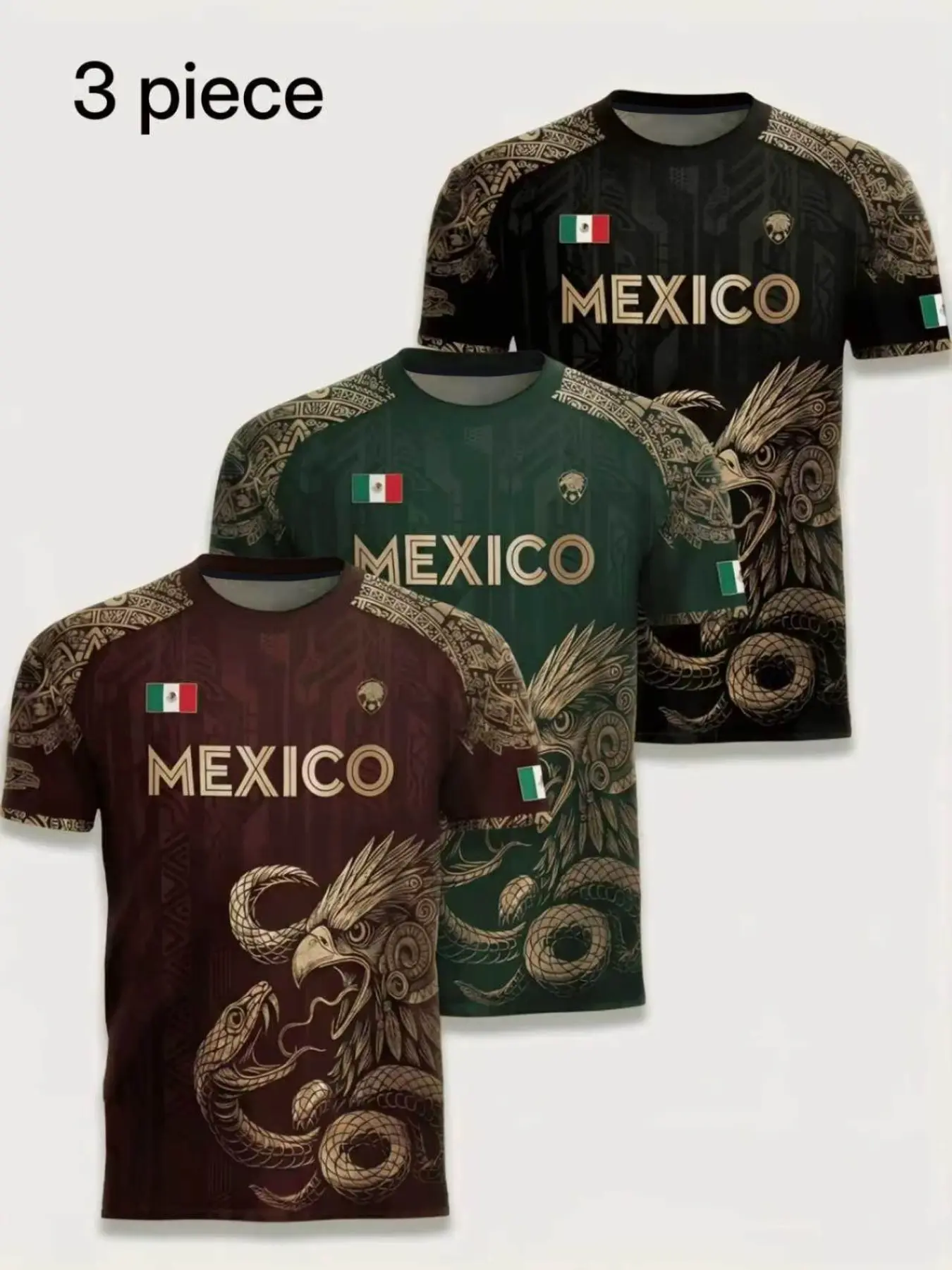 3-Pack Men's Round Neck T-Shirts, Moisture-Wicking Sportswear, Athletic Tees, Mexican Pattern Design, Lightweight Gym Training Tees, Casual Daily Wear, Fitness Workout Shirt