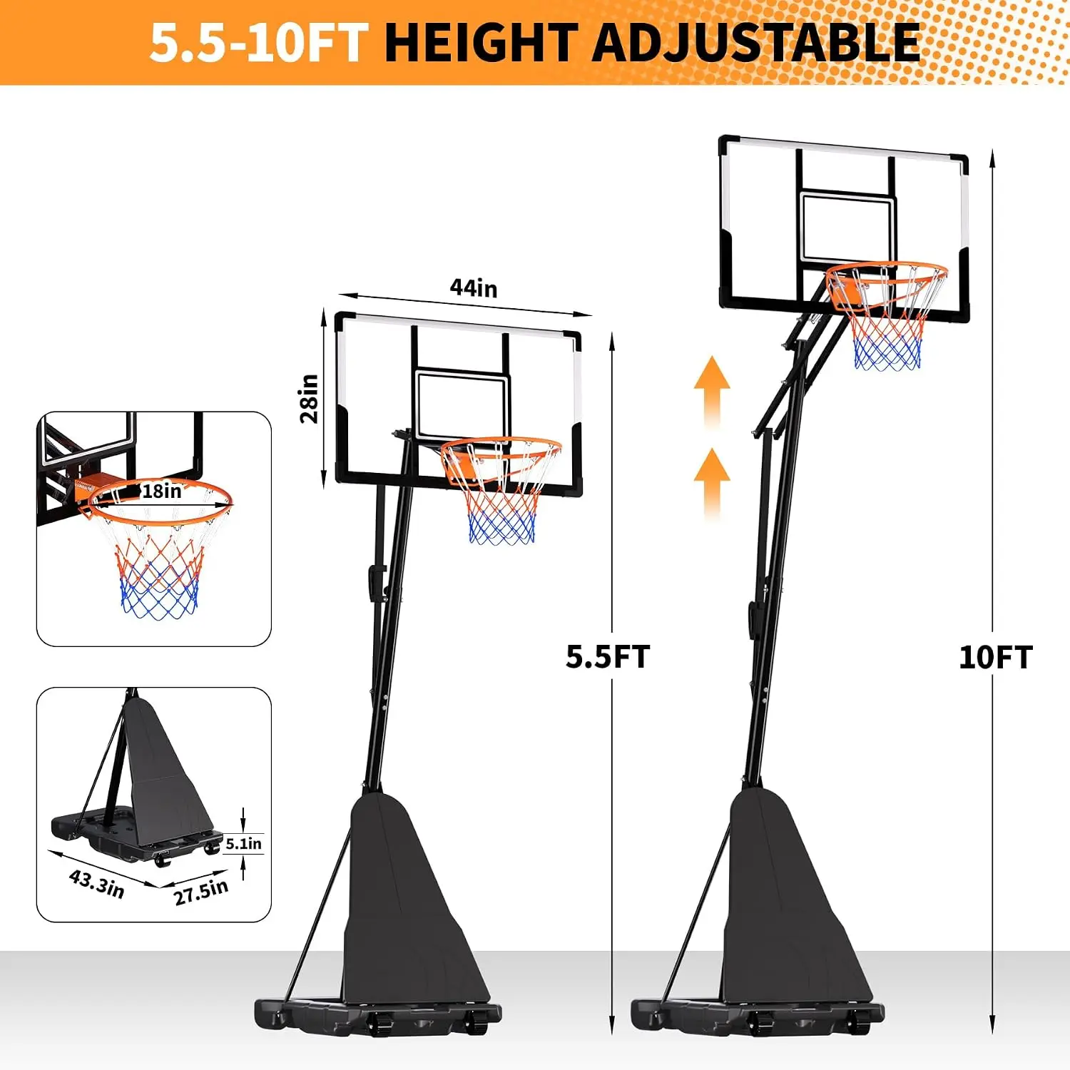 Portable Outdoor Basketball Hoop System with Wheels, 48" Shatterproof Backboard - Adjustable Height Up to 10 ft, Heavy-Duty Steel Stand, Fillable Base - Standard