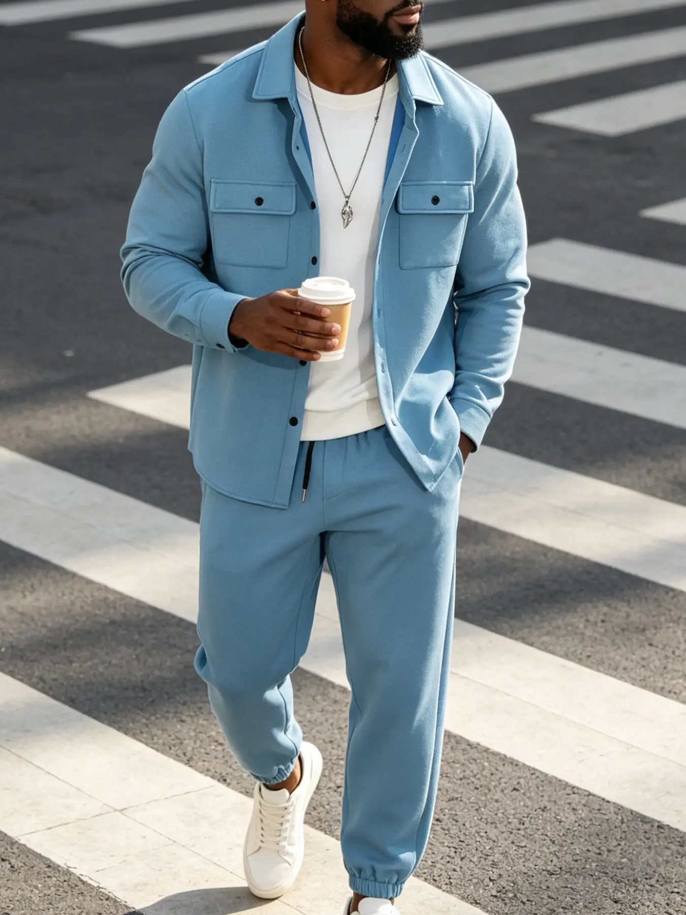 Men, Menswear Solid Light Blue Two Piece Outfit Set, Lapel Collar Long Sleeve Button Down Shirt With Dual Chest Flap Pockets, Elastic Drawstring High Waist Cuffed Jogger Sweatpants, Skin-Friendly Breathable Loungewear Tracksuit, Loose Non-binding Home O