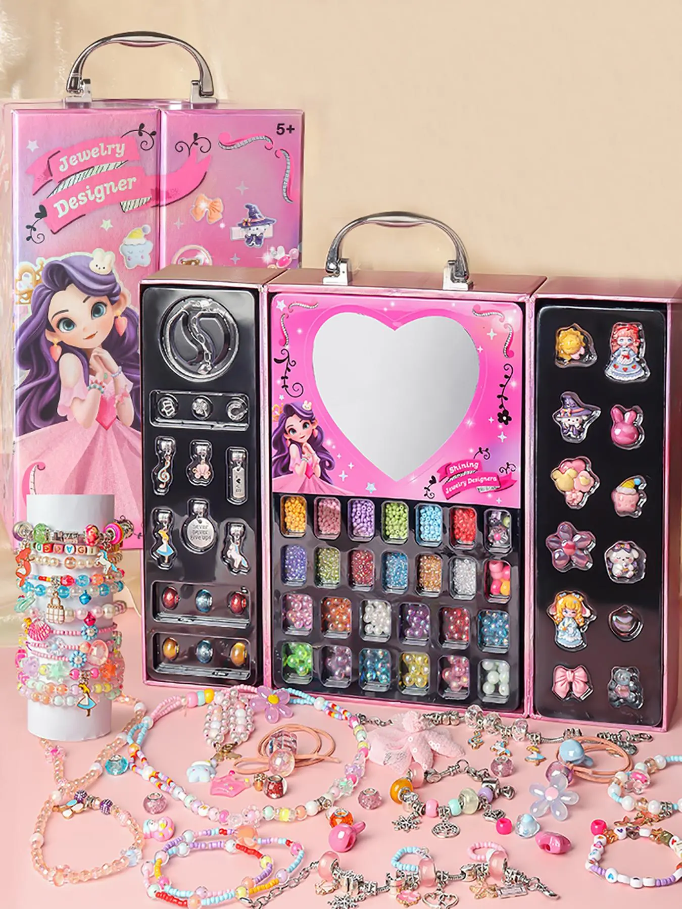 800+pcs New Princess Designer DIY Bead Box, Includes Heart Mirror, Handmade Beading Kit, Perfect Gift for Craft Enthusiasts