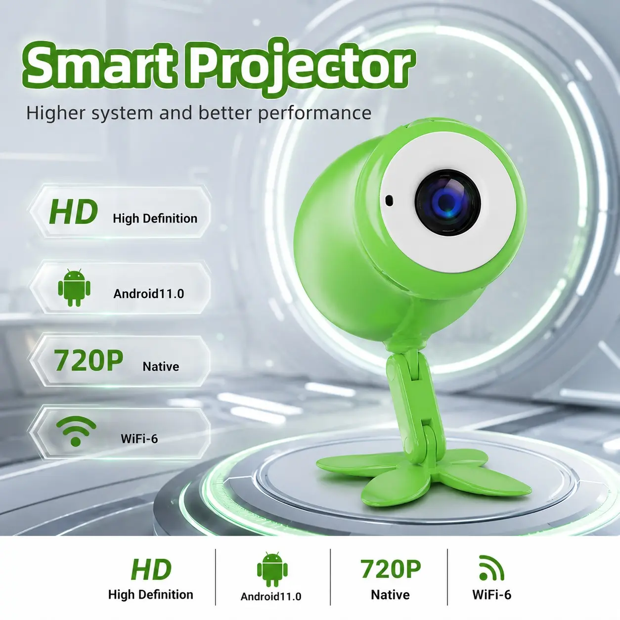 Allshepr Smart Projector, Foldable Portable, Manual Zoom, Android 11, WiFi-6, LED Light, Multi-Device Compatible, Home & Office Use