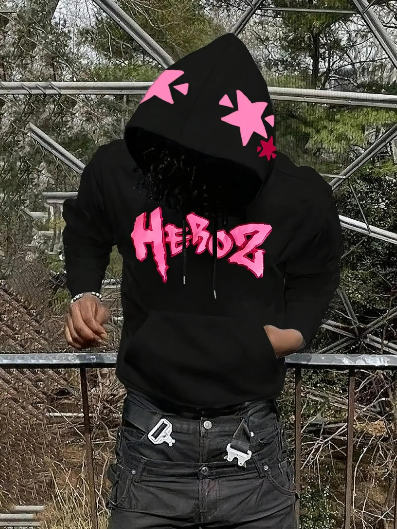 Hoodie Men Y2K Grunge Black Pink Heroz Letter Star Graphic Printed Oversized Sweatshirt for Unisex Streetwear Daily Wear