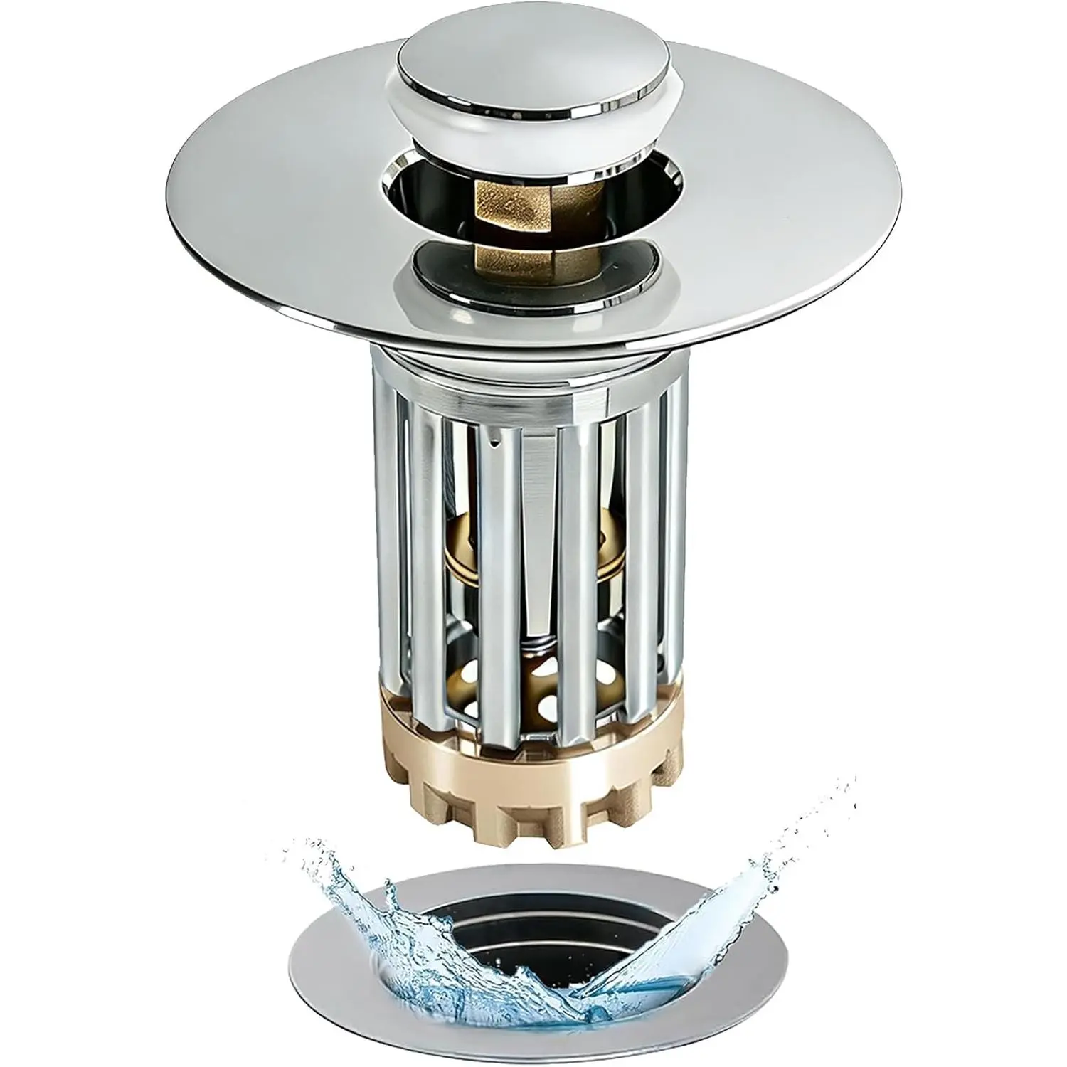 Bathroom Sink Drain Strainer, 3 in 1 Pop Up Bathroom Sink Stopper with Removable Brass Basket Hair Catcher,  Sink Plug for 1.06 to 1.6in Drain Hole, Chrome