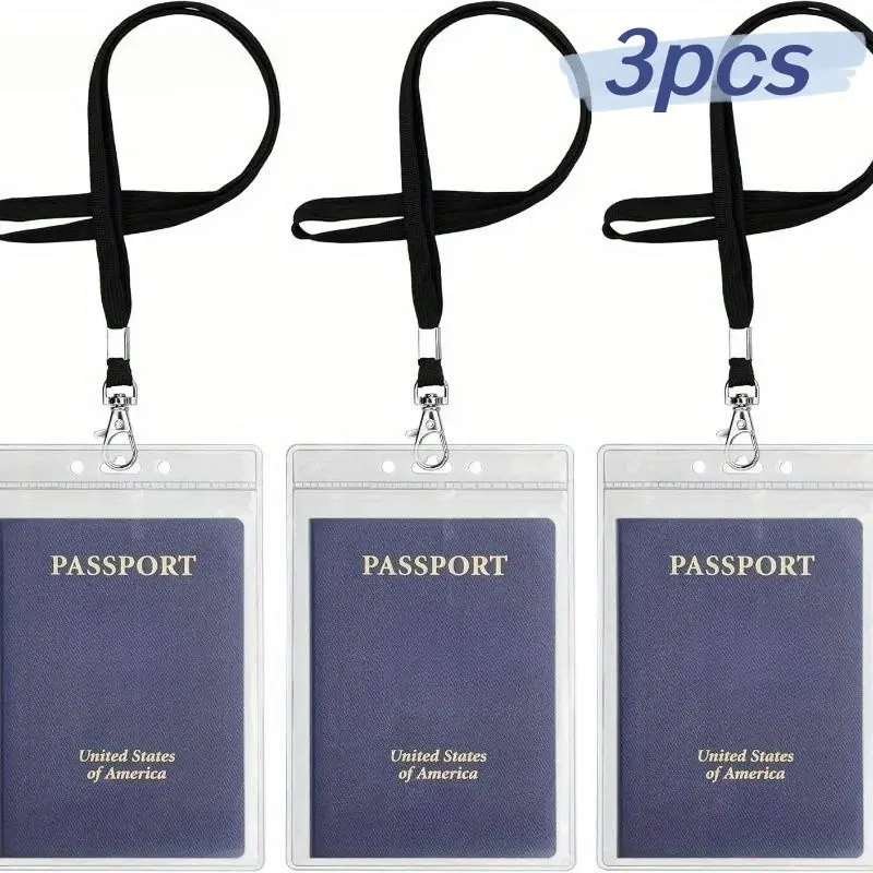 3-Piece Waterproof Transparent Passport Holder with Lanyard, Durable PVC Material, Ideal for Travel Essentials, Travel Documents, Airport, Cruise, Office Use, Passport Cover
